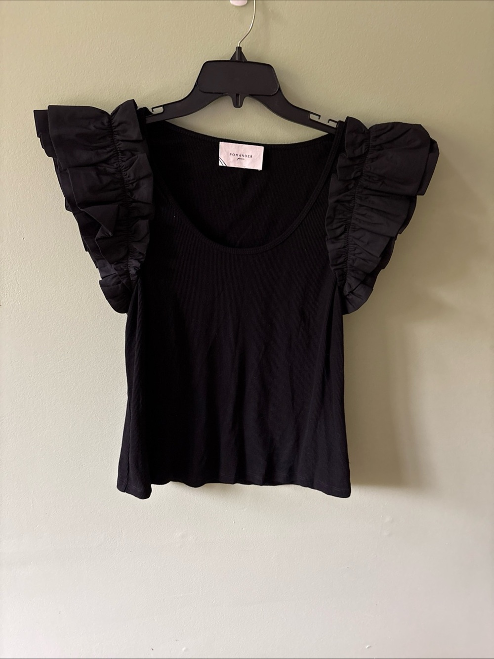 Pomander Place Rita top womens Xxl  black ruffle sleeve ribbed low cut coquette